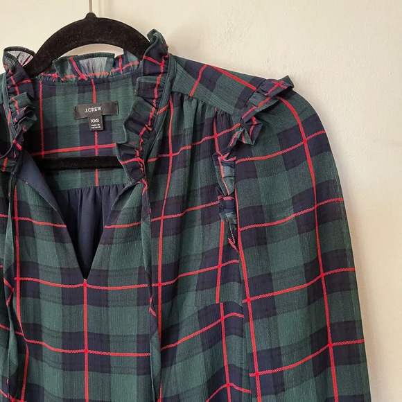 J.Crew Tie-Neck Tiered Dress Black Watch Tartan Plaid XXS Red Green Holiday - Picture 4 of 12